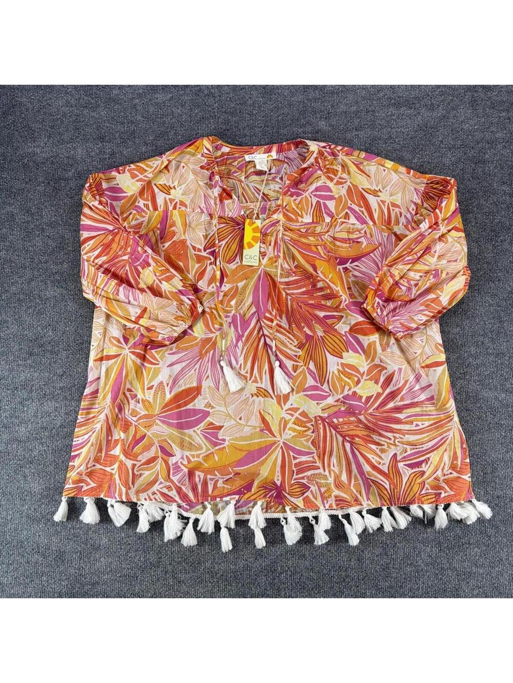 NWT C&C California Women's Lightweight Leaf Print Blouse Tassel Trim Medium